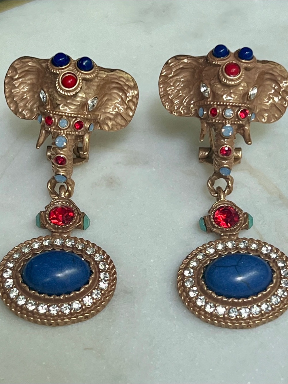 Vintage Gold-Tone Elephant Drop Earrings with Blue and Red Stones-Pierced - Picture 3 of 8